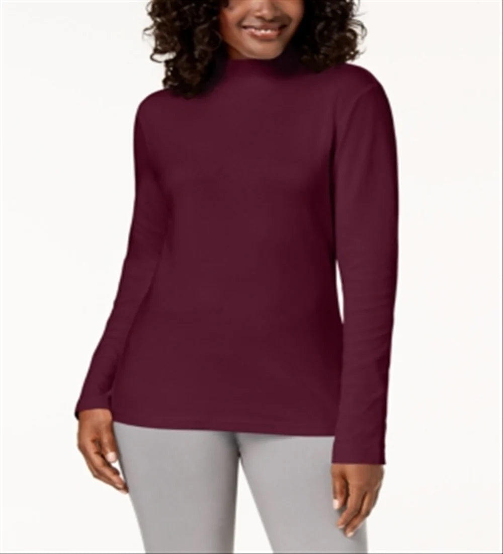 Karen Scott Women's Petite Long-Sleeve Mock-Neck Cotton Top Autumn Berry Red Size Petite S