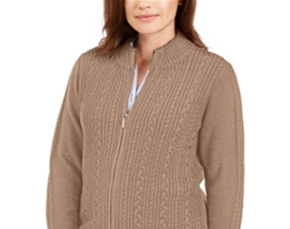 Karen Scott Women's Cable Knit Zippered Cardigan Brown Size Small