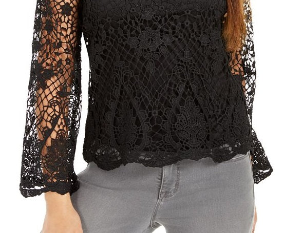 Style & Co Lace Bell-Sleeve Top Black Size Large
