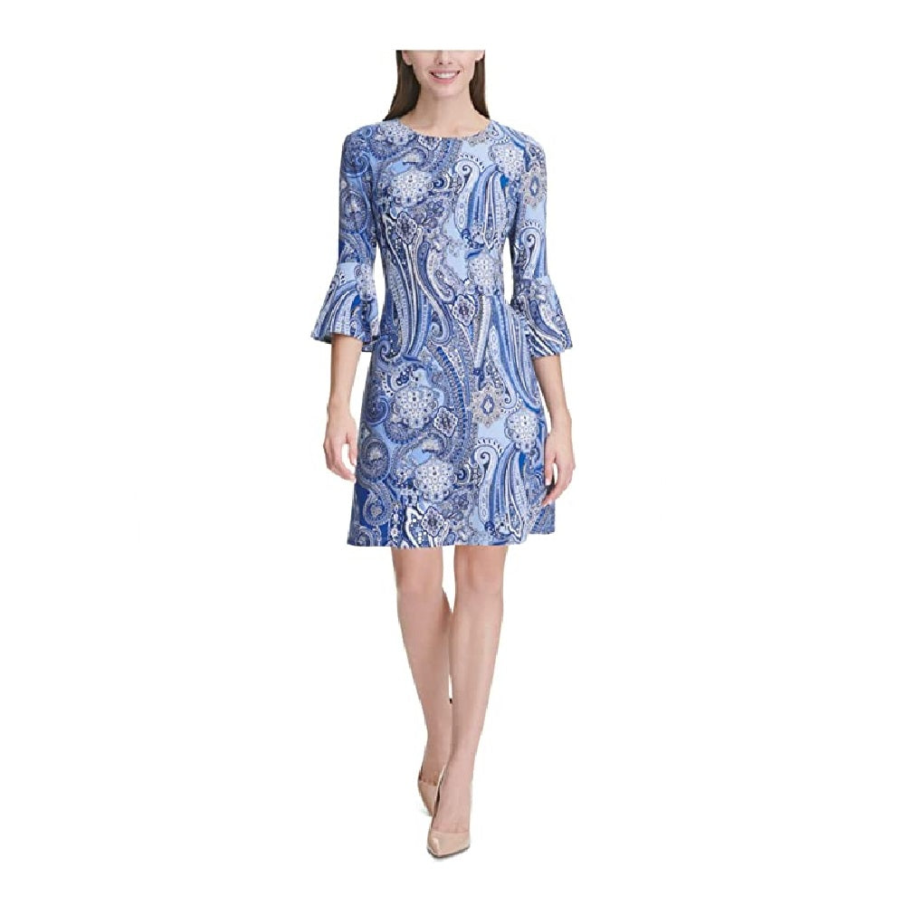 Tommy Hilfiger Women's  Bell Sleeve Jewel Neck Knee Length Shift Dress Blue Paisley Size 18W