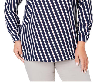 Anne Klein Women's Striped Long Sleeve V Neck Blouse Top Blue Size 1X