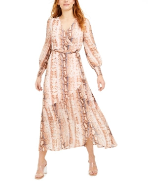 Bar III Women's Snake-Print MIDI Tie-Waist Sheath Dress Pink Size S