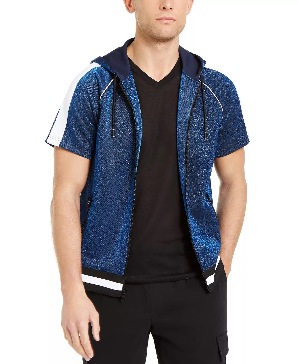 INC Men's Short-Sleeve Sparkle Hoodie  Basic Navy Blue Size XXL