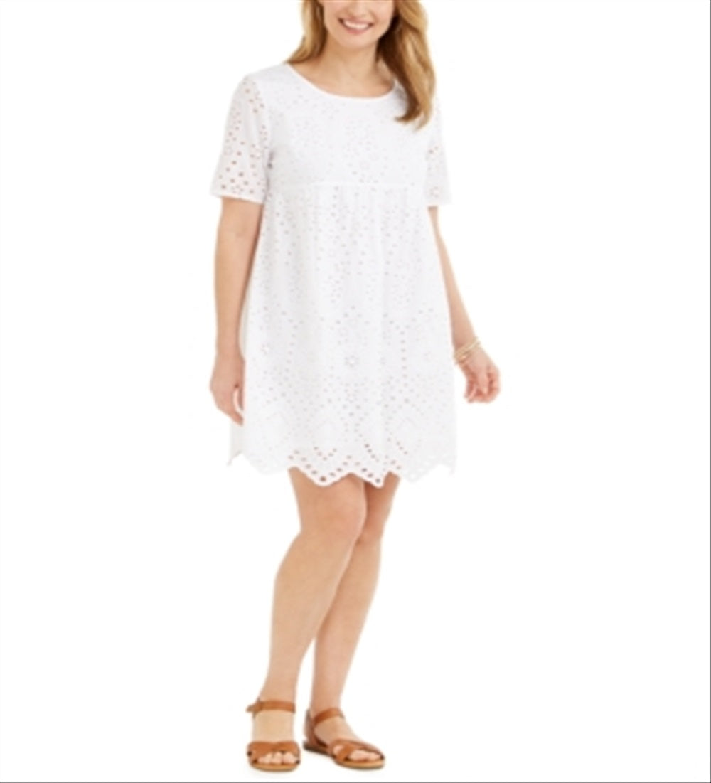 Style & Co Women's  Eyelet Babydoll Dress Bright White Size M