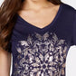 Style & Co Women's Metallic-Print Handkerchief Hem Top Navy Blue Size L