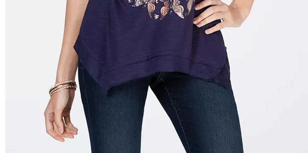 Style & Co Women's Metallic-Print Handkerchief Hem Top Navy Blue Size L