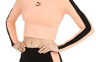 Puma Women's Tee Shirts Parfait Side Stripe Logo Cropped Long Sleeve Top Orange Size X-Large