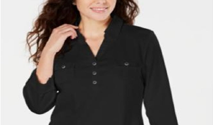 Karen Scott Women's 3/4 Sleeve Polo Shirt Black Size Petite Small