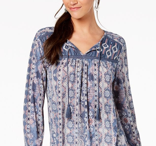 Style & Co Women's Mixed Print Peasant Top Blue Size Petite S