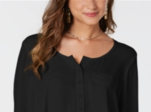 Style & Co Women's Ruffled Long Sleeve Scoop Neck Blouse Black Size X-Small