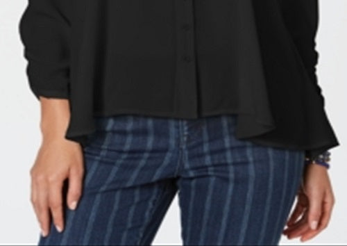 Style & Co Women's Ruffled Long Sleeve Scoop Neck Blouse Black Size X-Small