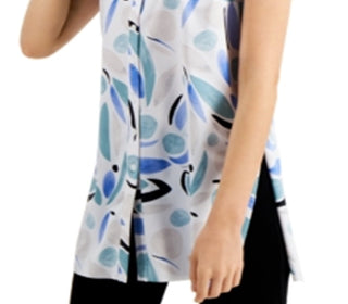 Alfani Women's Knit Sleeveless Floral Button Down Blouse Blue Size X-Small