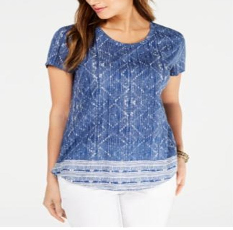 Style & Co Women's Cotton Printed Scoop Neck Top Blue Size X-Small