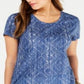 Style & Co Women's Cotton Printed Scoop Neck Top Blue Size X-Small