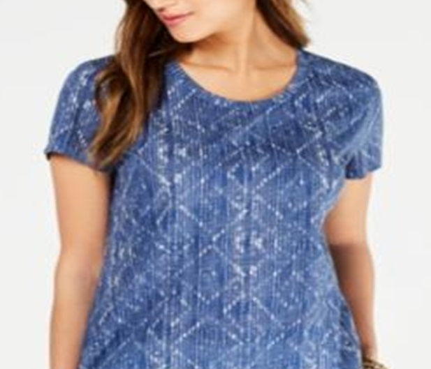 Style & Co Women's Cotton Printed Scoop Neck Top Blue Size X-Small