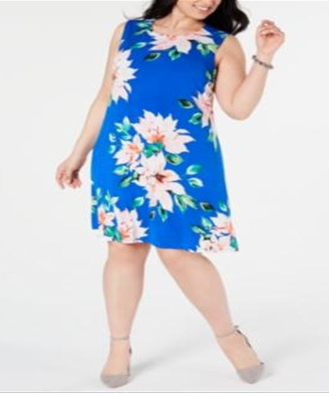 Jessica Howard Women's Floral Sleeveless Jewel Neck Knee Length Shift Dress Blue Size 16W