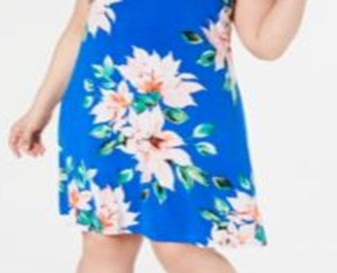 Jessica Howard Women's Floral Sleeveless Jewel Neck Knee Length Shift Dress Blue Size 16W