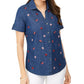 Karen Scott Women's Embroidered Button-Down Top  Blue Size Small