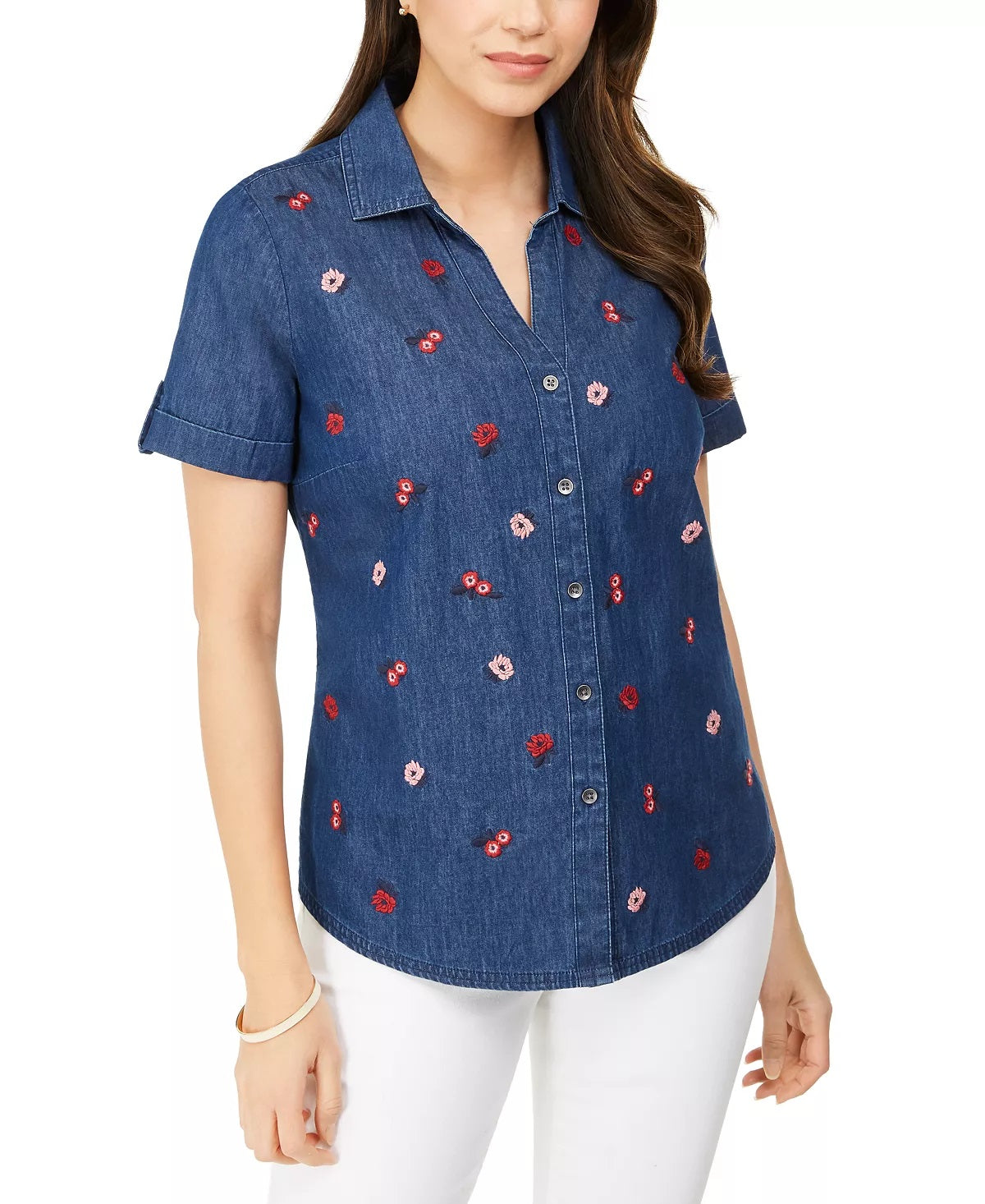 Karen Scott Women's Embroidered Button-Down Top  Blue Size Small