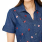 Karen Scott Women's Embroidered Button-Down Top  Blue Size Small