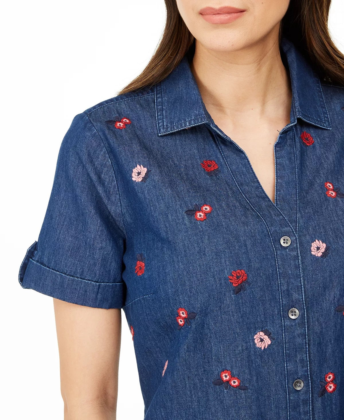 Karen Scott Women's Embroidered Button-Down Top  Blue Size Small