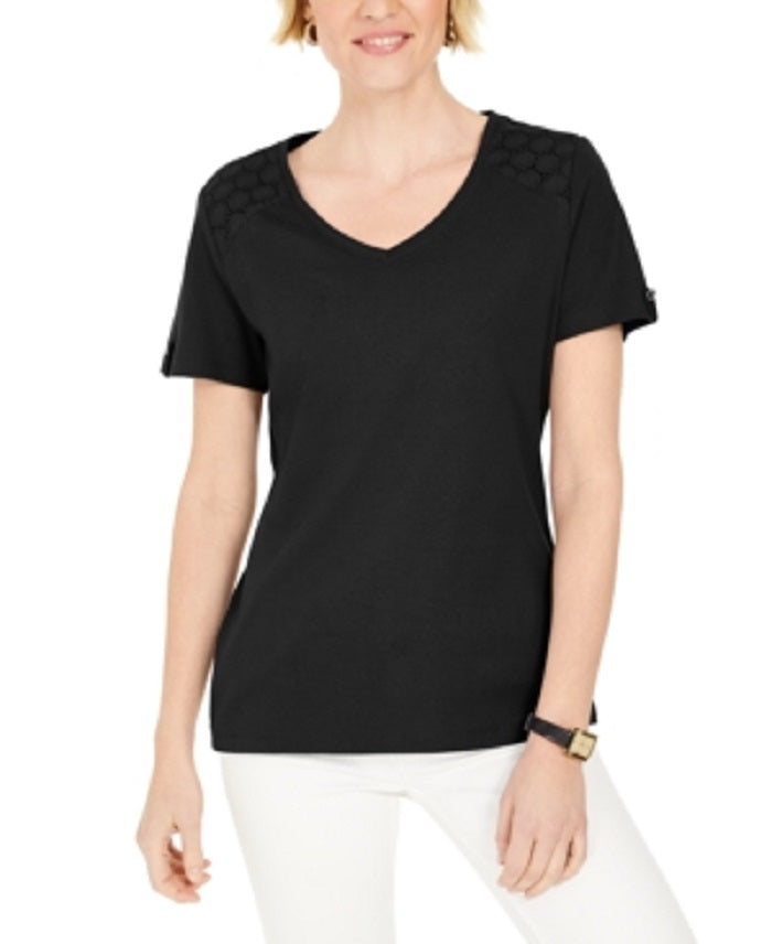 Karen Scott Women's Eyelet Shoulder V Neck Top Black Size XX-Large