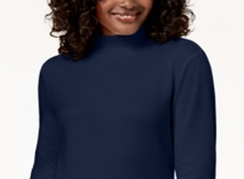 Karen Scott Women's Long Sleeve Mock Neck Cotton Top Blue Size Petite