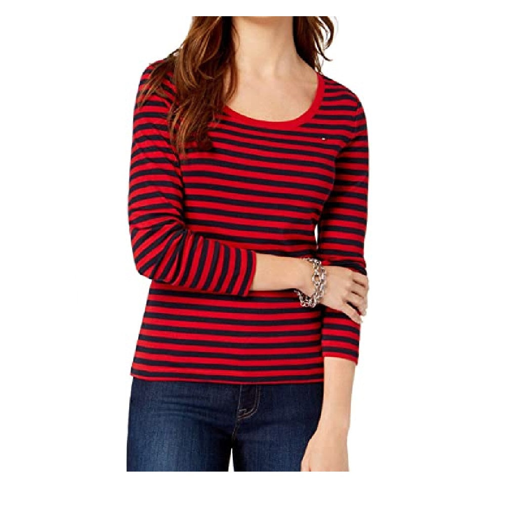 Tommy Hilfiger Women's Striped Flag-Logo T-Shirt  Red Size Small