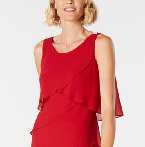 SL Fashions Women's Embellished Shoulders Sleeveless Scoop Neck Above the Knee Evening Fit Flare Dress Red Size 18