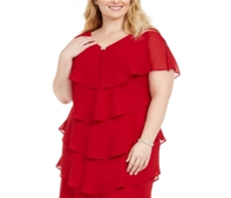 SL Fashions Women's Plus Shift Tiered Chiffon Bling Front Dress Red Size 18W