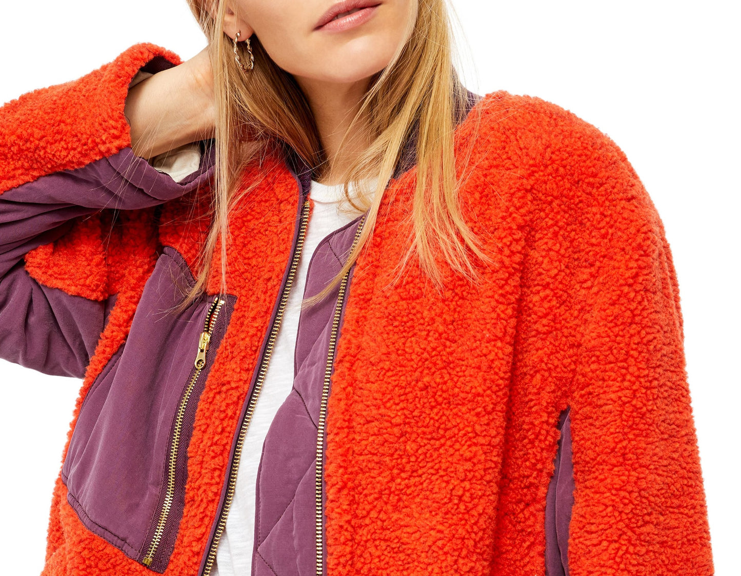 Free People Women's Rivington Sherpa Shearling Colorblock Jacket Red Size Large