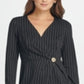 DKNY Women's Rhinestone Pinstripe Long Sleeve V Neck Above the Knee Wrap Wear to Work Dress Black Size 10