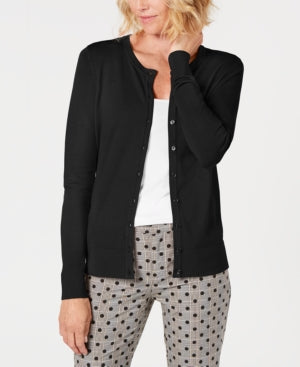 Charter Club Women's Petite Crewneck Cardigan Black Size Petite Small