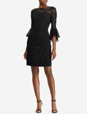 Ralph Lauren Women's Lace Pleated 3/4 Sleeve Boat Neck Above the Knee Sheath Cocktail Dress Black Size 12Petite