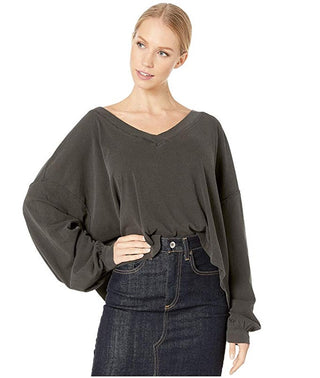 Free People Women's Balloon Sleeve Long Sleeve V Neck Top Gray Size Small