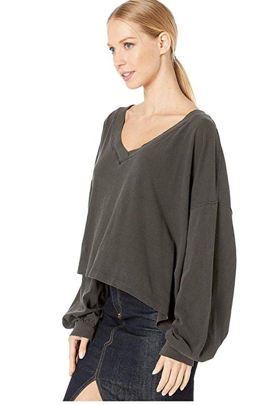 Free People Women's Balloon Sleeve Long Sleeve V Neck Top Gray Size Small