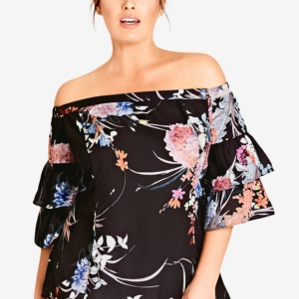 City Chic Women's  Plus Floral Flourish Off-the-Shoulder Top Black Size 24W