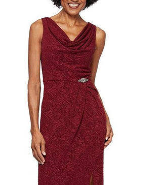 Alex Evenings Women's Embellished Glitter Sleeveless Cowl Neck Full Length Formal Sheath Dress Wine Size 14 Petite