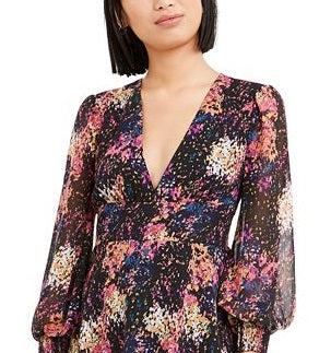 Bar III Women's Confetti Printed Blouson-Sleeve Dress Black Size 2XL