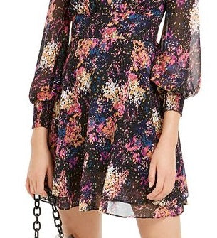 Bar III Women's Confetti Printed Blouson-Sleeve Dress Black Size 2XL