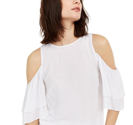 Michael Kors Women's Flounce Sleeve Cold Shoulder Top White Size M