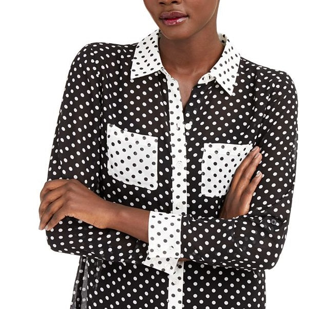 INC Women's Colorblock Polka Dot Button-Down Top Black Size Large