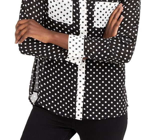 INC Women's Colorblock Polka Dot Button-Down Top Black Size Large