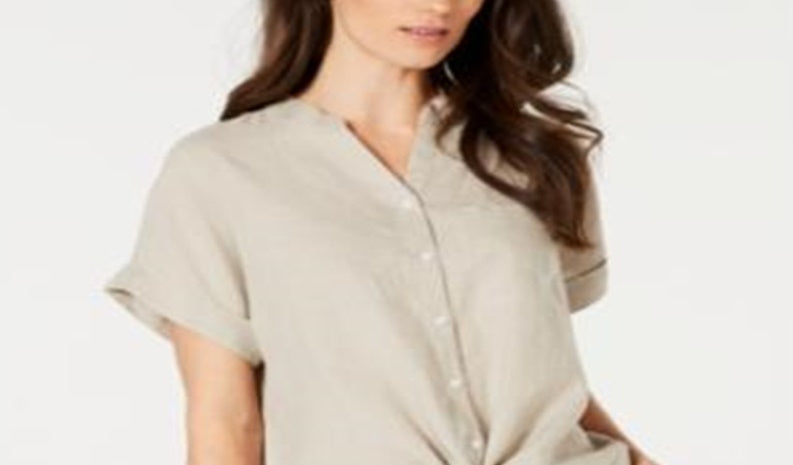 Charter Club Women's  Linen Tie-Front Shirt Brown Size XL