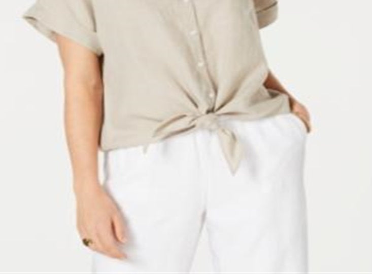 Charter Club Women's  Linen Tie-Front Shirt Brown Size XL