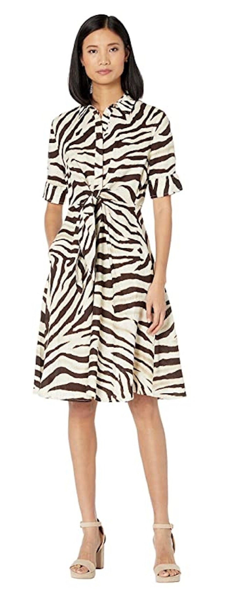 Ralph Lauren Women's Tie Waist Animal Print Short Sleeve V Neck Knee Length Sheath Dress Brown Size 16