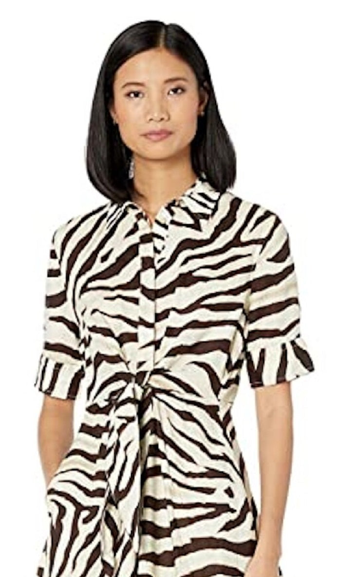 Ralph Lauren Women's Tie Waist Animal Print Short Sleeve V Neck Knee Length Sheath Dress Brown Size 16