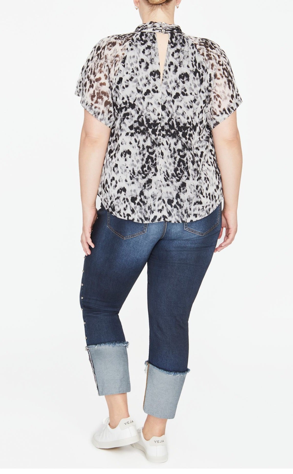 Rachel Roy Women's Printed Short Sleeve Keyhole Top Plus White Size 1X