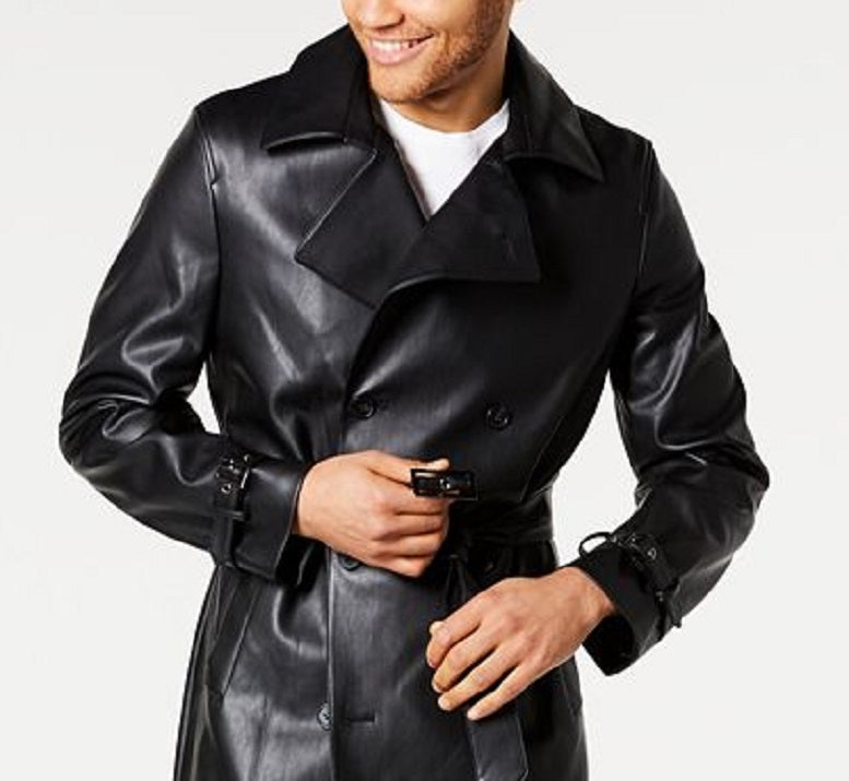 INC International Concepts Men's Faux Leather Dressy Trench Coat Black Size Medium