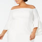 Calvin Klein Women's Zippered 3/4 Sleeve Off Shoulder Below the Knee Cocktail Sheath Dress White Size 20W
